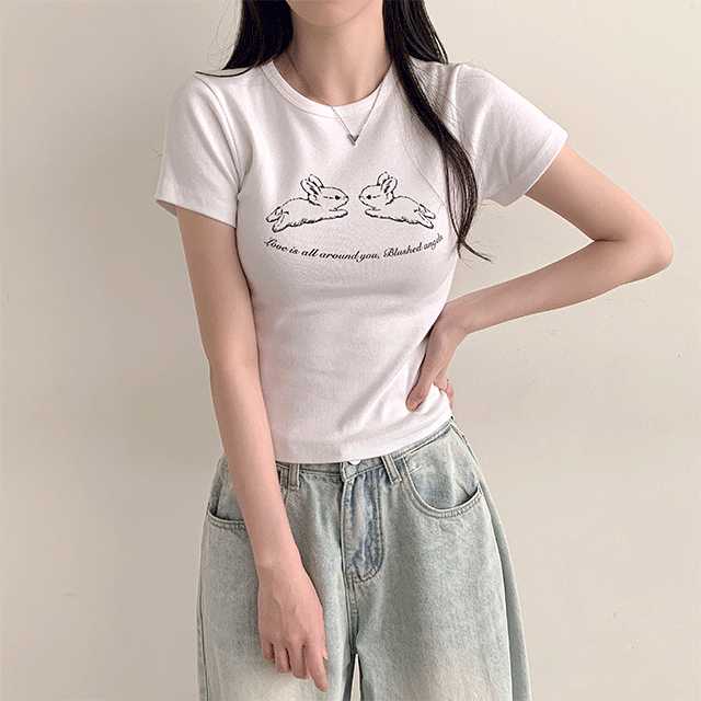 [고퀄/키치&amp;러블리] 깜찍템, 래빗 배색 세미크롭 반팔 티셔츠 (4color)